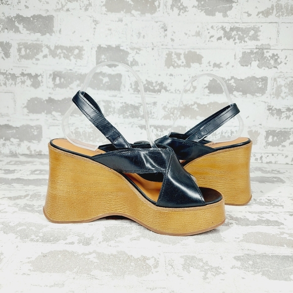 NEW Lucky Brand Delaynee Black Leather Slingback Open Toe Platform Sandals E447 - Picture 3 of 13